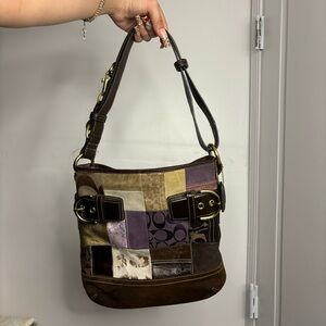 Coach F03573 Brown Patchwork Leather
Suede Shoulder Crossbody Handbag